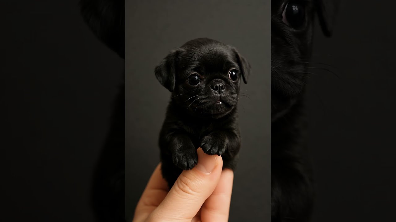 Pocket-Sized Black Pug Puppy Smiles for the Camera! 🐶😛✨