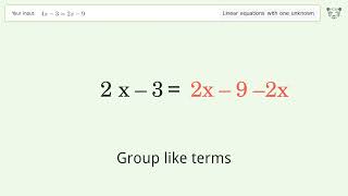 Linear equation with one unknown: Solve 4x-3=2x-9 step-by-step solution