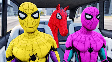 PRO 5 SPIDER-MAN Surprise Horse With Dancing in Car Ride | Dance Challenge Rainbow Spiderman Game