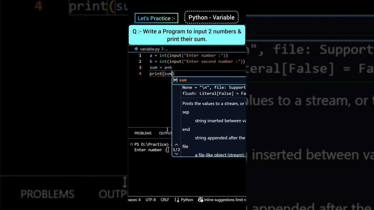 Sum of 2 Numbers in Python 🔥 #Shorts #Python