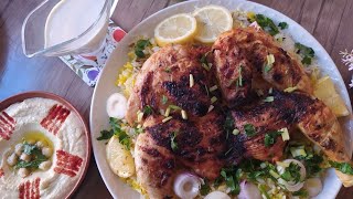 تتبيلة الدجاج المشوي مع رز صحي و سلطة طحينة حمص