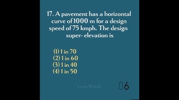 17.Pavement has a horizontal curve of 1000m for a design speed of 75kmph. Design super- elevation is
