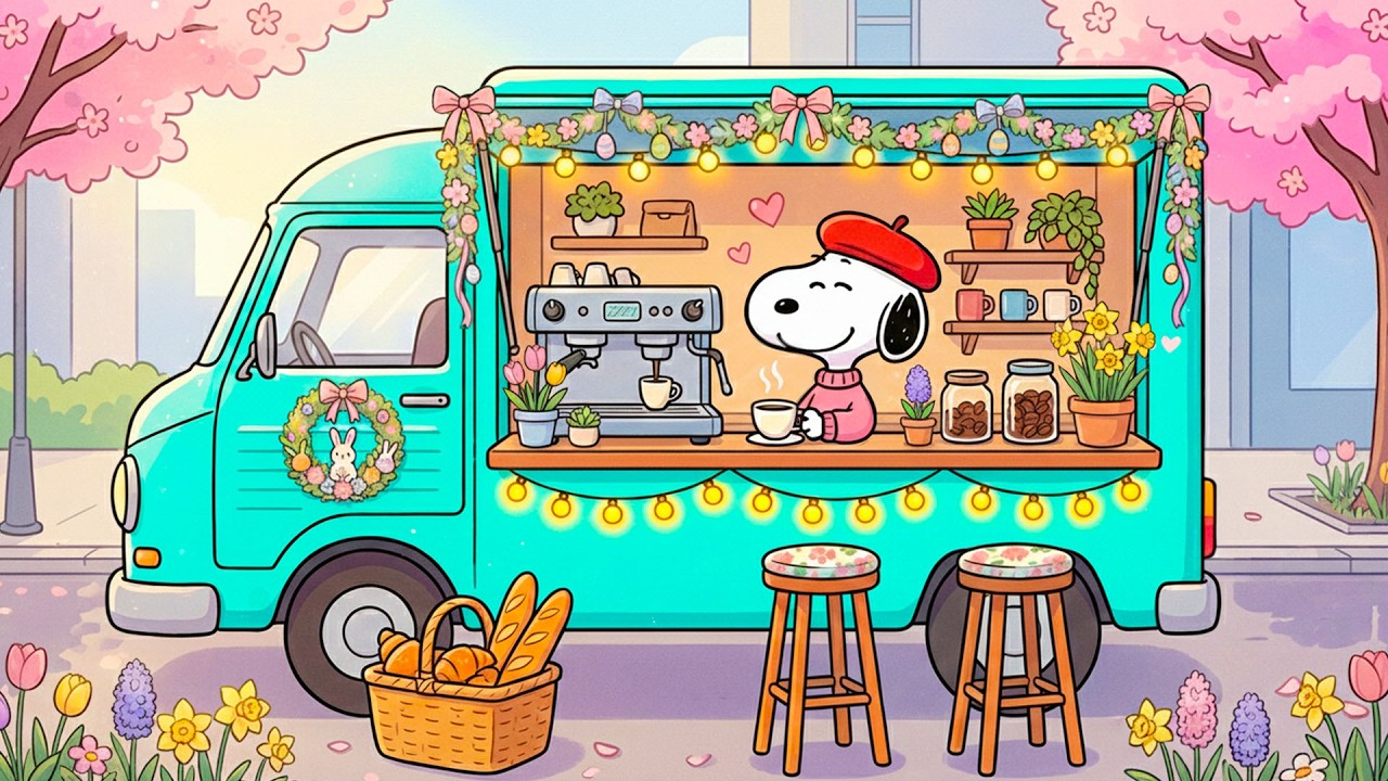 Очаровательное весеннее кафе Снупи на колёсах ☕ | Джазовое утро, джаз и тёплый кофе