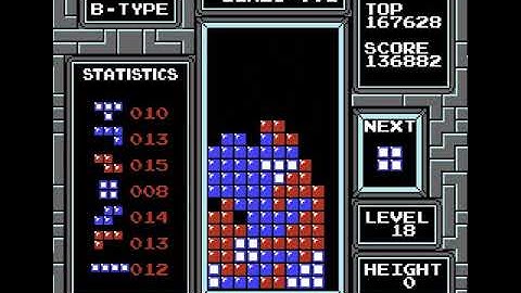 NES classic tetris: Level 18 height 0 perfect score (7 tetris)