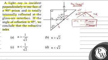 A light ray is incident perpendicularly to one face of a \( 90^{\circ} \) prism and is totally i...