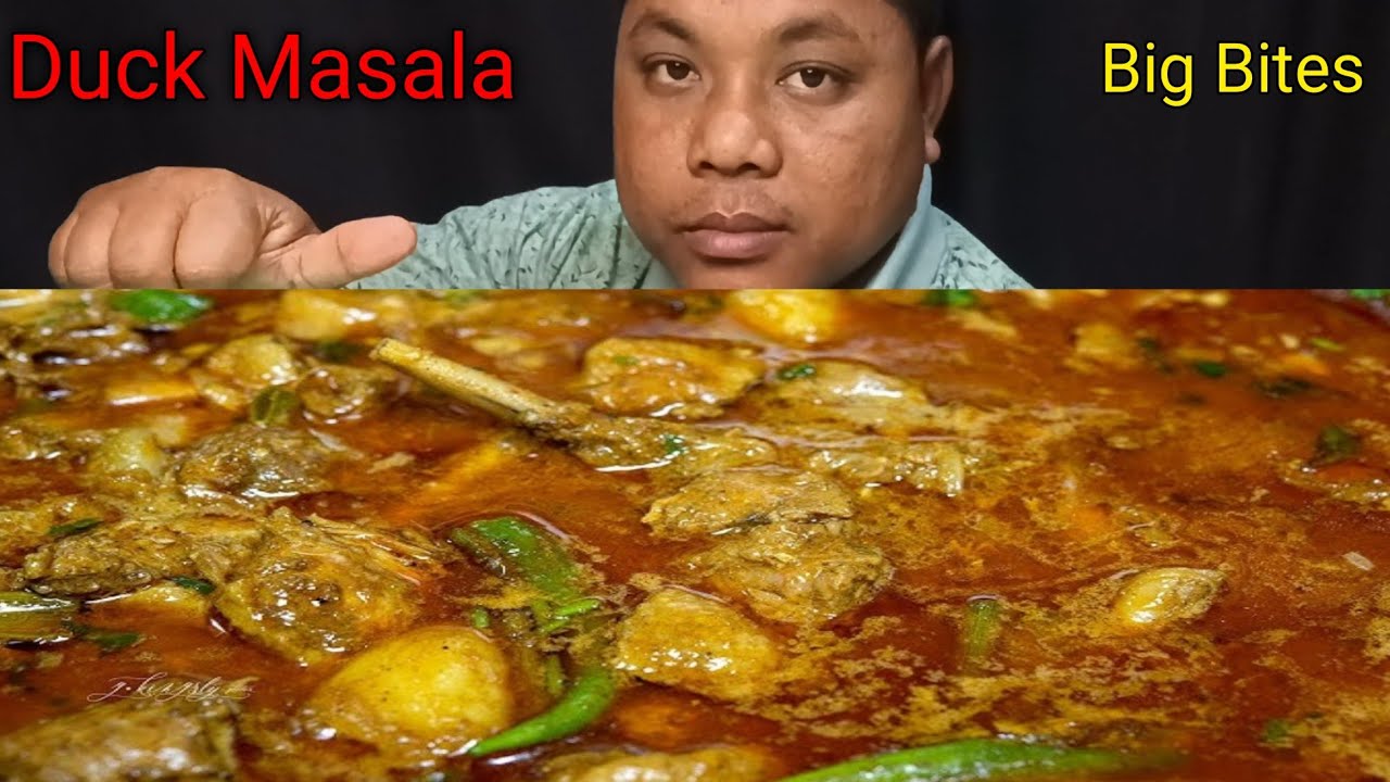 Spicy Duck Masala Curry, Bamboo Shoots, With Rice Eating Big Bites |