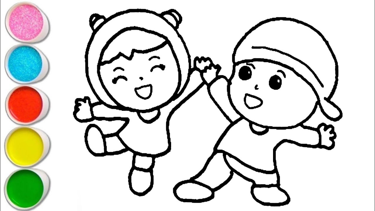 Милая Нина, играющая с Покойо. Рисунок, раскраска и рисование для детей и малышей. Детское искусс...