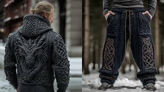 Global Shipping Men's Vintage Viking  Knit Hooded Sweater