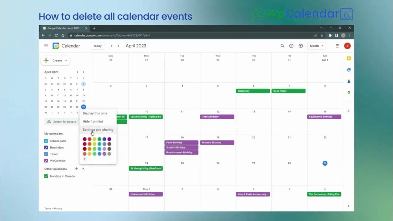 How to delete all calendar events WpCalendar YouTube