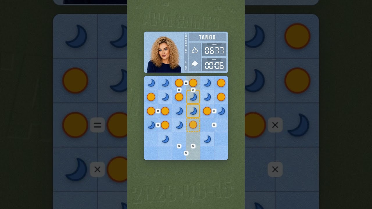 LinkedIn Tango #677 solved board for August 15, 2026, 6x6 grid
