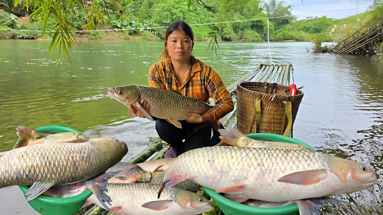 Young girl uses bamboo to make raft to catch giant fish on Ly Phuc Ca river