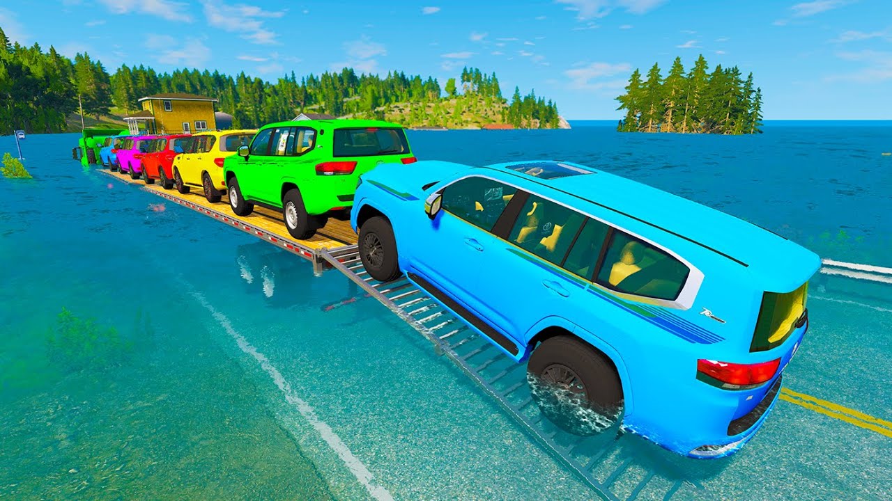 Triple Flatbed Trailer McQueen Transportation with Truck - Speedbumps vs Cars vs Train - BeamNG #18