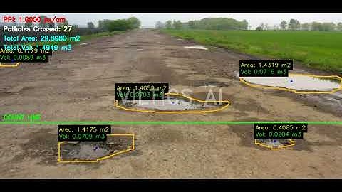 AI-based pothole detection & volume analysis with proper counting after crossing line