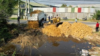 Just Starting New Filling Land Project KOMATSU D37P Bulldozer Spreading Stone Into Water With Trucks