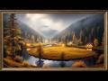 Golden Autumn Valley with Cozy Cabins, Cinematic Landscape | Gold Framed TV Art Screensaver