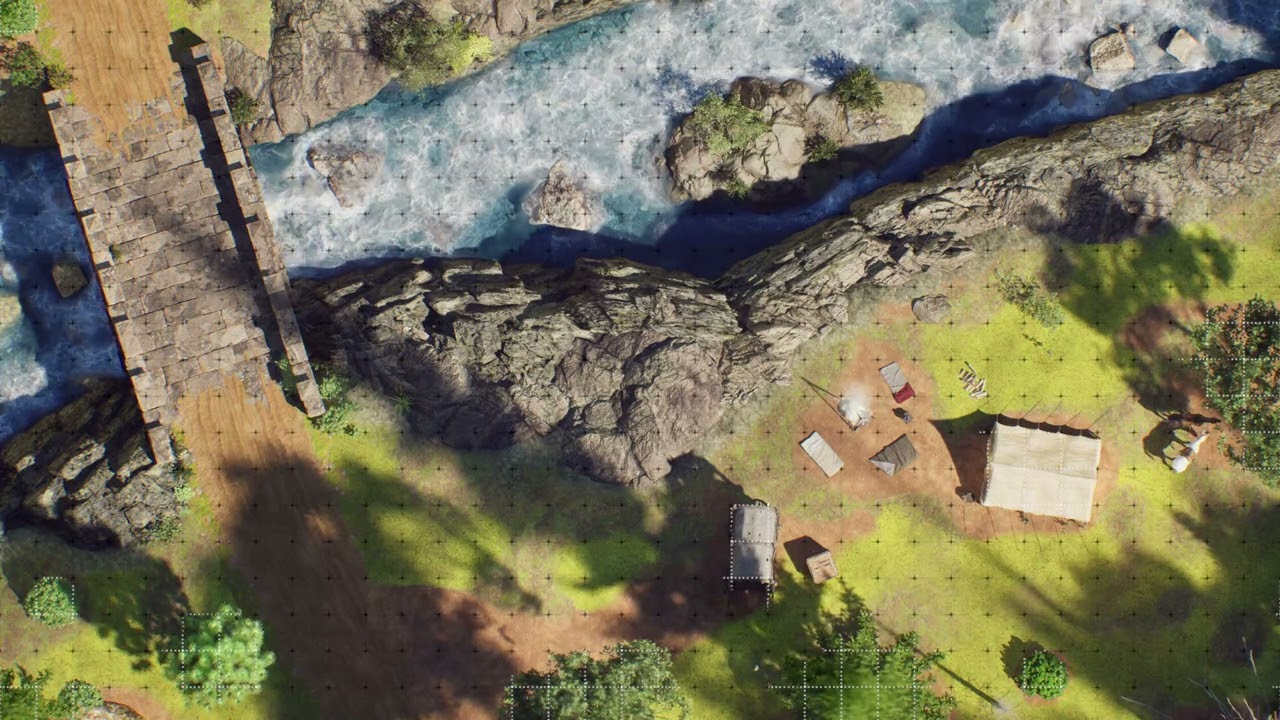 3 Hour Living Battle Map for TTRPGs | Riverside Forest Camp | Clear Day | Square Grid | 35" x 20"