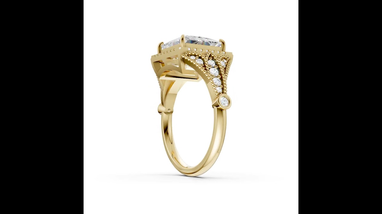 Vintage Inspired Princess Cut Lab Diamond Milgrain Halo Wedding Ring