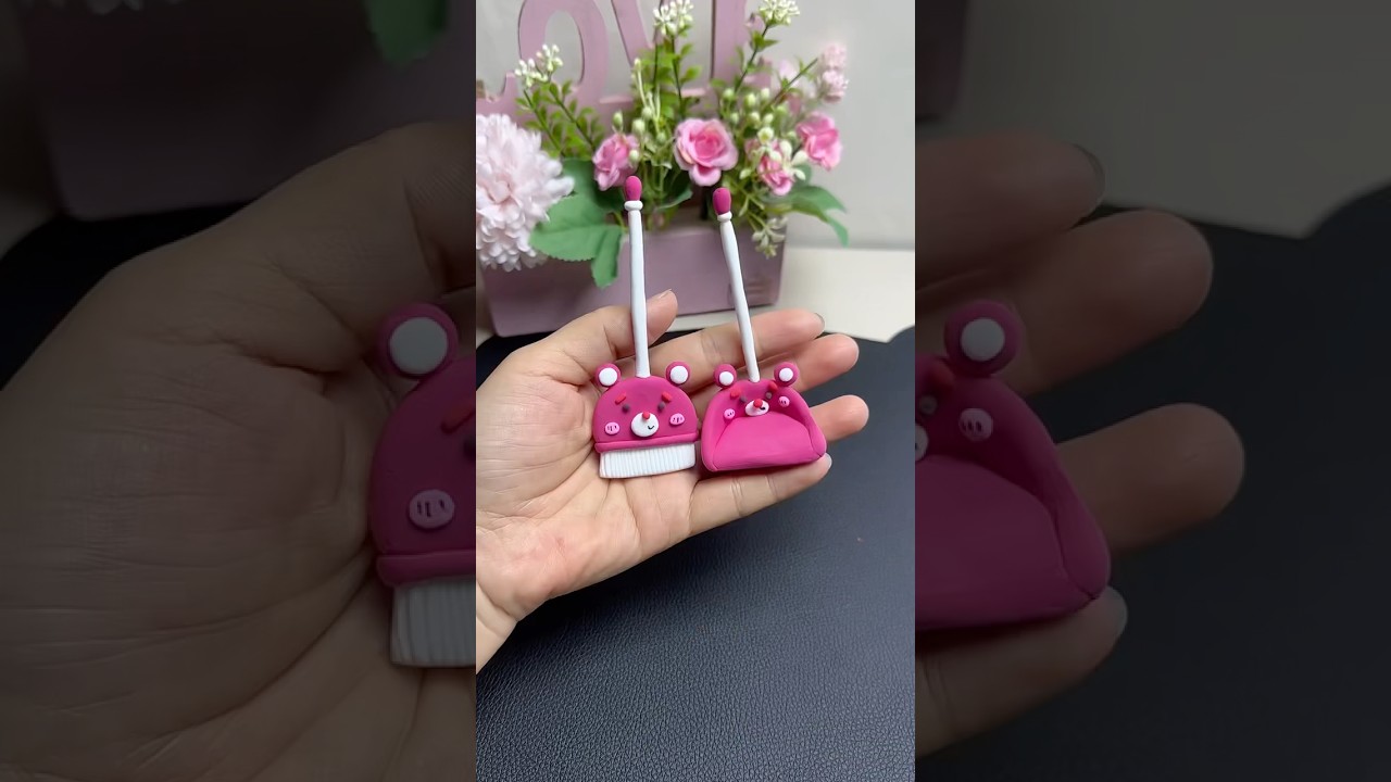 Crafting an adorable miniature pink bear dustpan and brush set from modeling clay! 