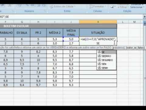 Função SE para Conceitos em Notas Escolares no Excel 05 