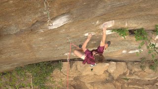 Griffith Givens climbs Thanatopsis. 14a/b. Red River Gorge, Kentucky.