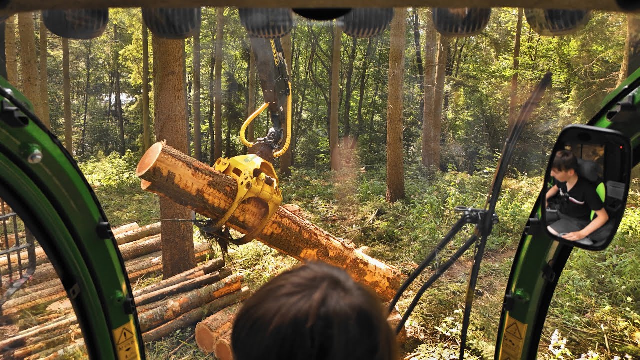 [4K Cab View] JOHN DEERE 1910G in der starken Douglasiendurchforstung
