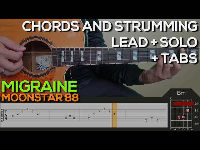 Moonstar 88 - Migraine Guitar Tutorial [INTRO, SOLO, CHORDS AND STRUMMING + TABS] class=