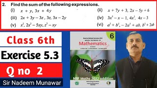 Class 6 Exercise 5.3 Q no 2 Ex 5.3 NBF Maths addition of Algebra in Urdu Sir Nadeem Munawar