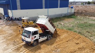 Amazing New Project!! Filling Land Up by Dump Truck 5Ton With Bulldozer Komatsu D20P Pushing Soil