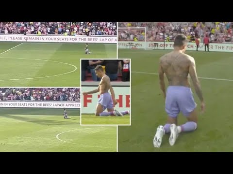 Raphinha walking the length of the pitch on his knees after Leeds United's Escape Relegation