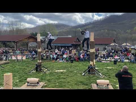 Springboard chop at devils backbone. Not me chopping but great to watch. Professional timbersports.