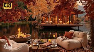 Autumn Lakeside Jazz with Fireside Glow | Piano Jazz, Cozy Cabin, Coffee & Peaceful Nature Views