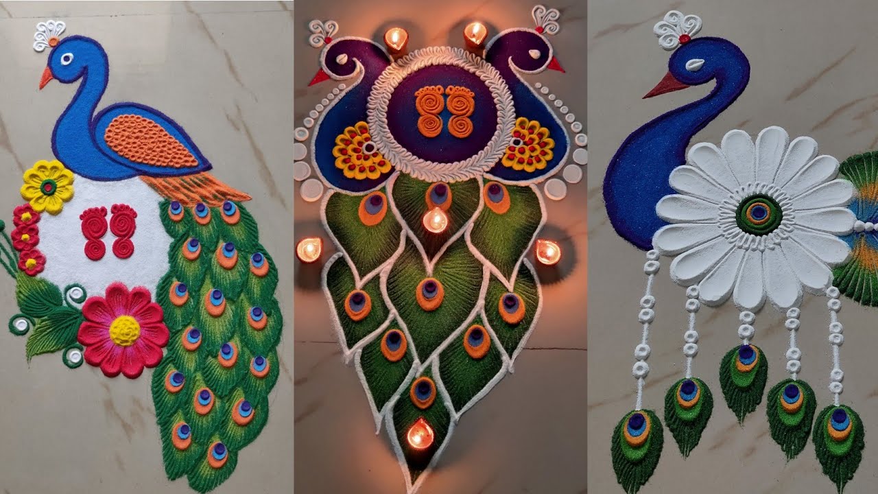 3 peacock rangolis l   l navratri rangoli l diwali special rangoli designs with colours