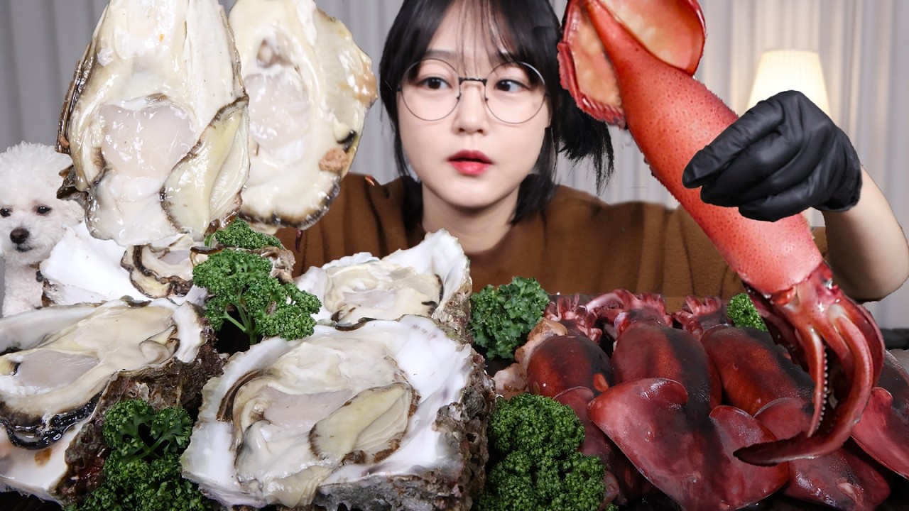 Нежные сливочные устрицы и упругий кальмар на пару 🦪🦑Mukbang ASMR