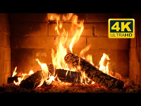 Fireplace Ultra Hd 4K. Crackling Fireplace With Golden Flames x Burning Logs Sounds