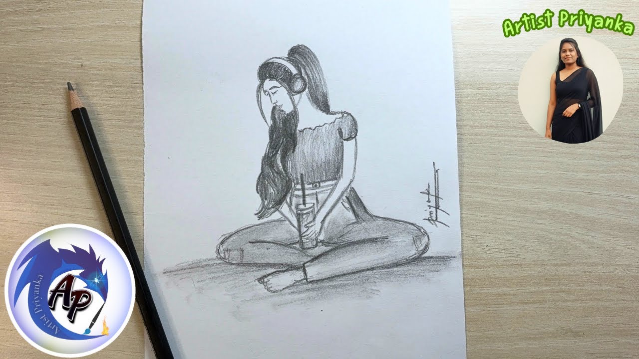 Girl Listening to Music 🎧 | Pencil Sketch Drawing | Easy Sitting Girl Sketch Tutorial