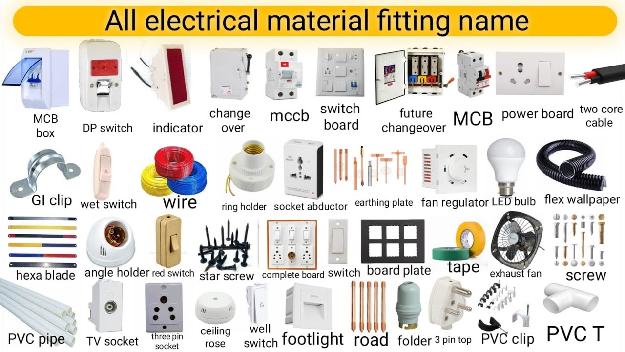 विद्युत फिटिंग का नाम एवं चित्र |विद्युत सामग्री का नाम | विद्युत सहायक उपकरण सूची हिंदी एंड इंग्लिश