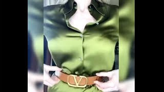 Green satin blouse and skirt