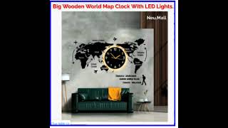 World Map Wall Clock - Wooden Wall Clock with LED RING lights Large Modern Design 3D Stickers