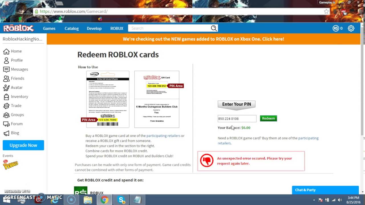 Roblox Free Gamecards Free Robux Bc Proof August 2016 Youtube - roblox an unexpected error occurred. please try your request again later