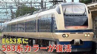 583系カラーのE653系が登場!! 青15号の特急列車が復活! 1車両ずつ観察!!酒田駅