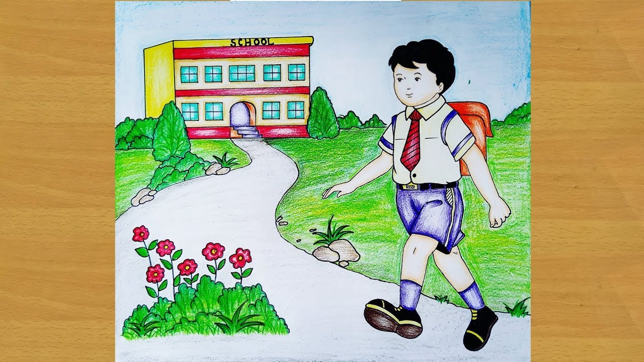 How To Draw A Picture Of Boy Going To School ||Gali Gali Art || - Youtube