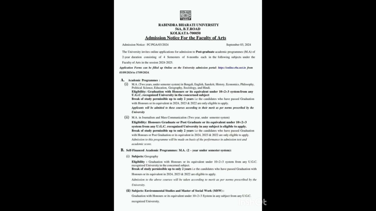 PG Admission, Rabindrabharati University 
