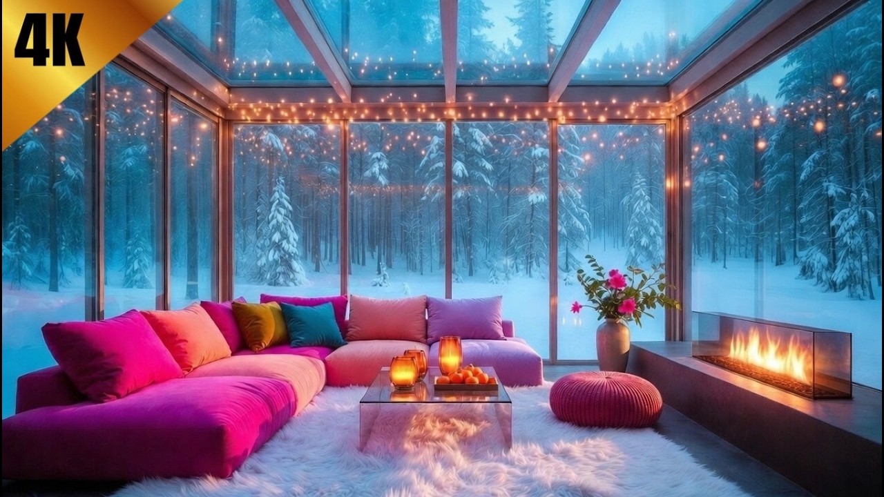 Snowfall Glass Cabin Ambience ❄️🔥 Cozy Fireplace Glow & Fairy Lights | Dark Sleep Soundscape (4K)