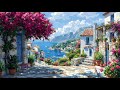 quiet summer morning in greece Soft flowers, calm water warm sunlight and peaceful scenery