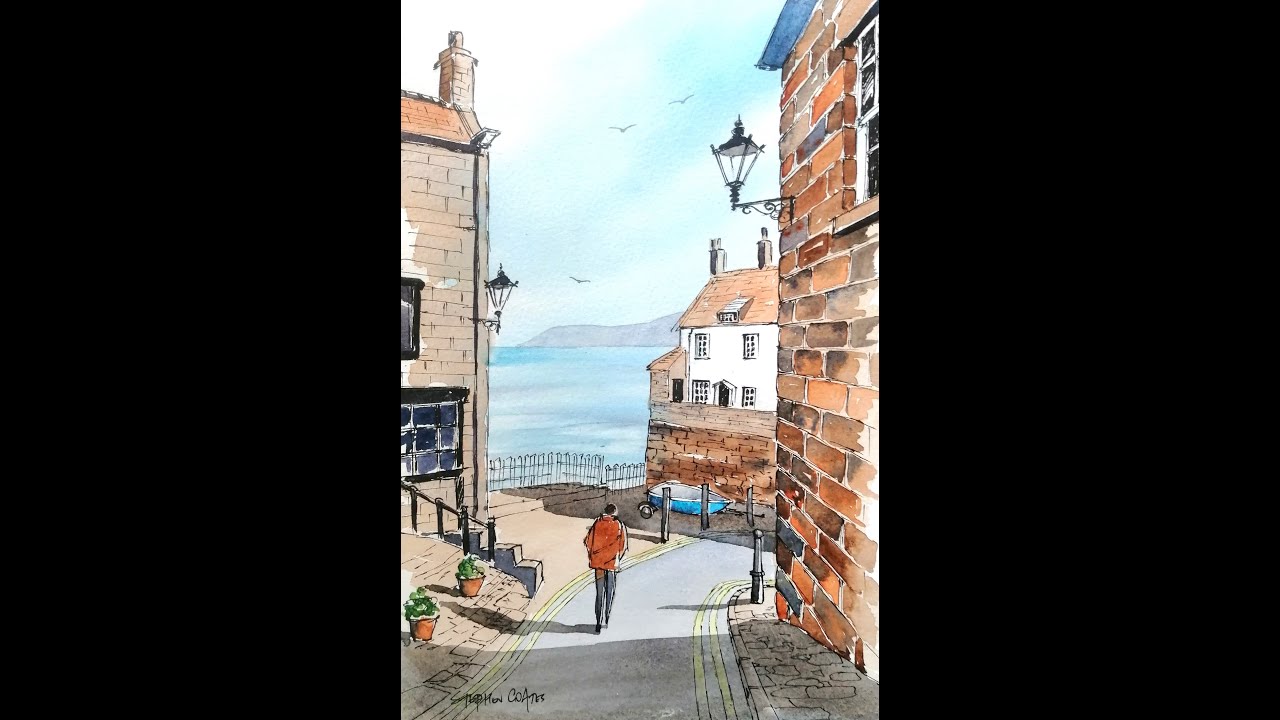 How to create a watercolour line & wash of Robin Hood's Bay