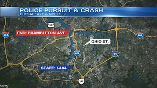 Stolen vehicle chase that started in Chesapeake ends in crash, arrest in Norfolk