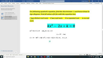 The Discriminant Of a Quadratic  | Solution for  kx^2- 2x+k=0 | Sign Diagram | SL 11 | Mathematics