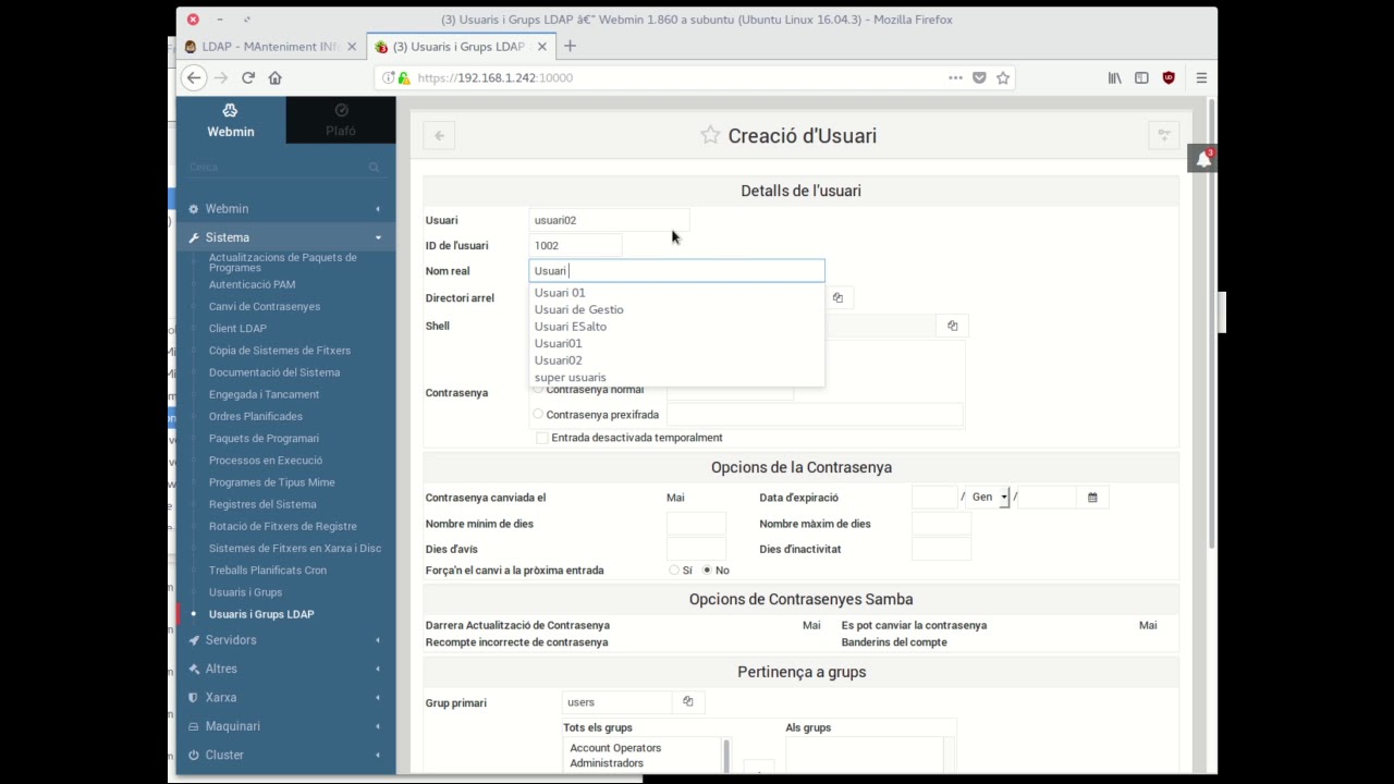 Creant usuaris i grups LDAP amb Webmin - YouTube