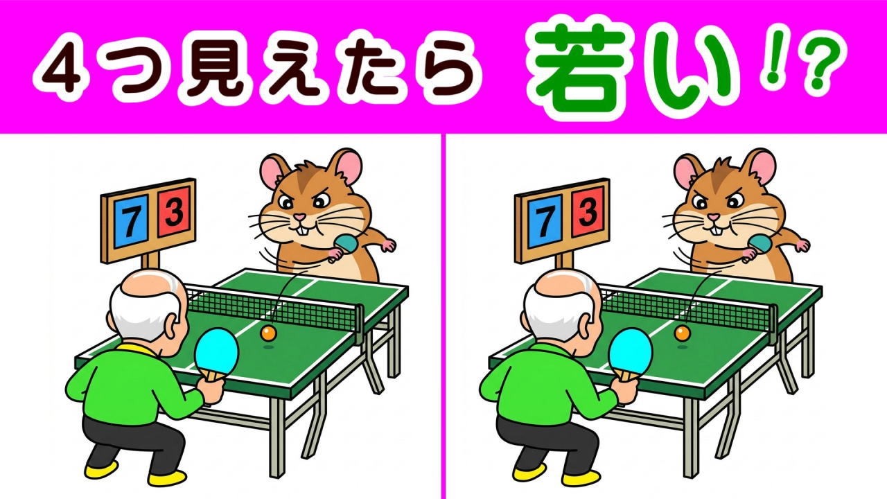 【間違い探し・４箇所】 可愛い動物たちのイラストで楽しく脳トレしよう。 徐々に難しくなるよ。２０個全部見つけられれば脳年齢３５才！？#555