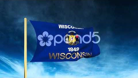 Wisconsin Flag Slider Style With Title. Waving In The Wind With Cloud Background